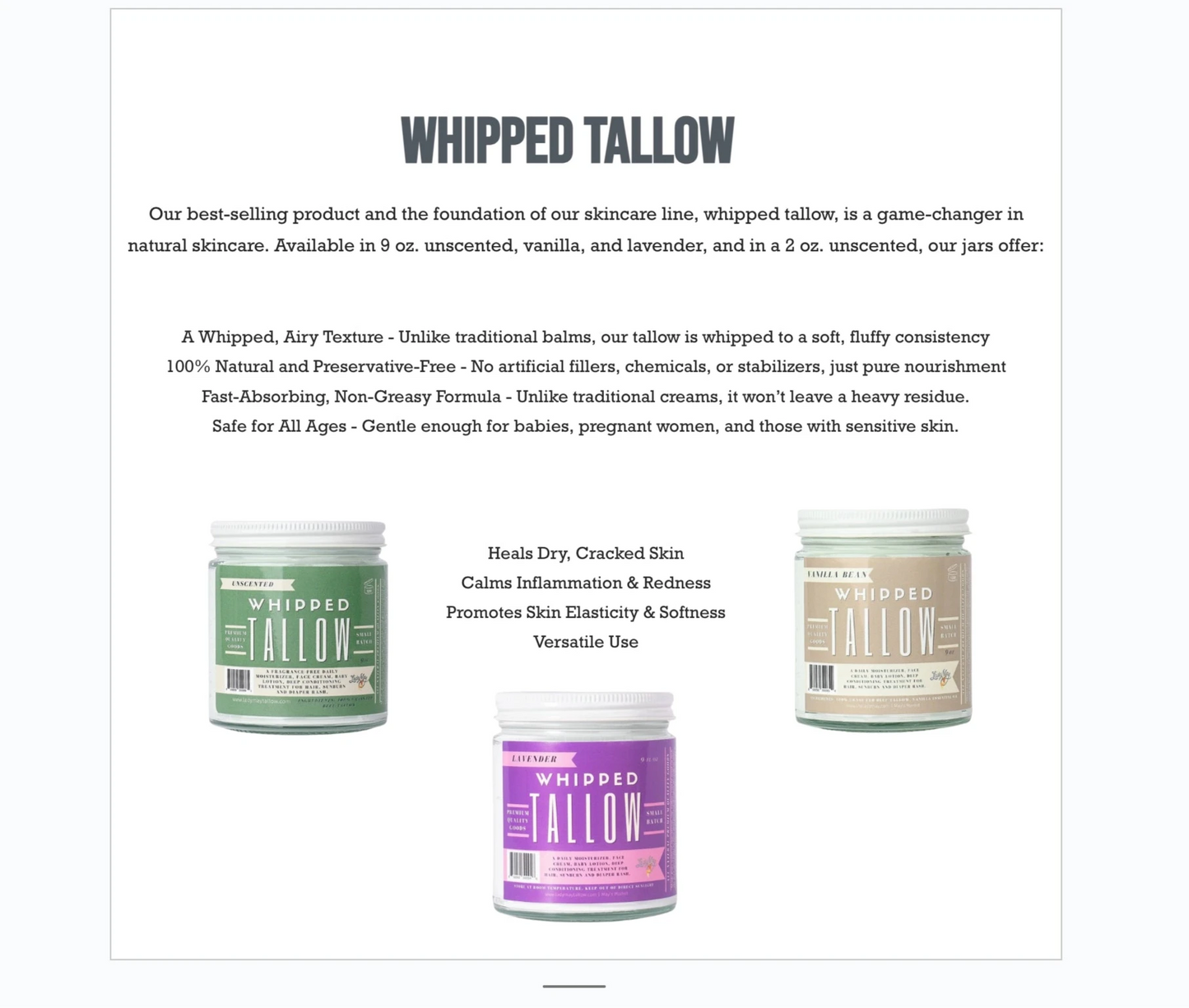 Vanilla Whipped Grass Fed Tallow Moisturizer - Large