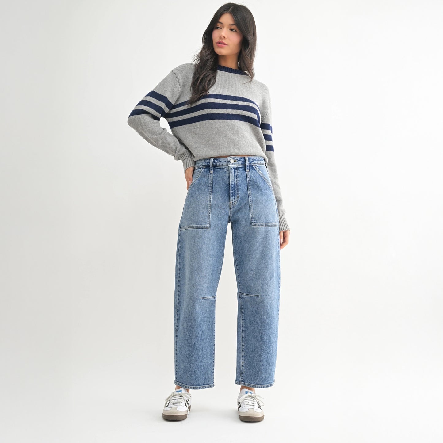 Utility Seamed Barrel Jeans - Medium Denim