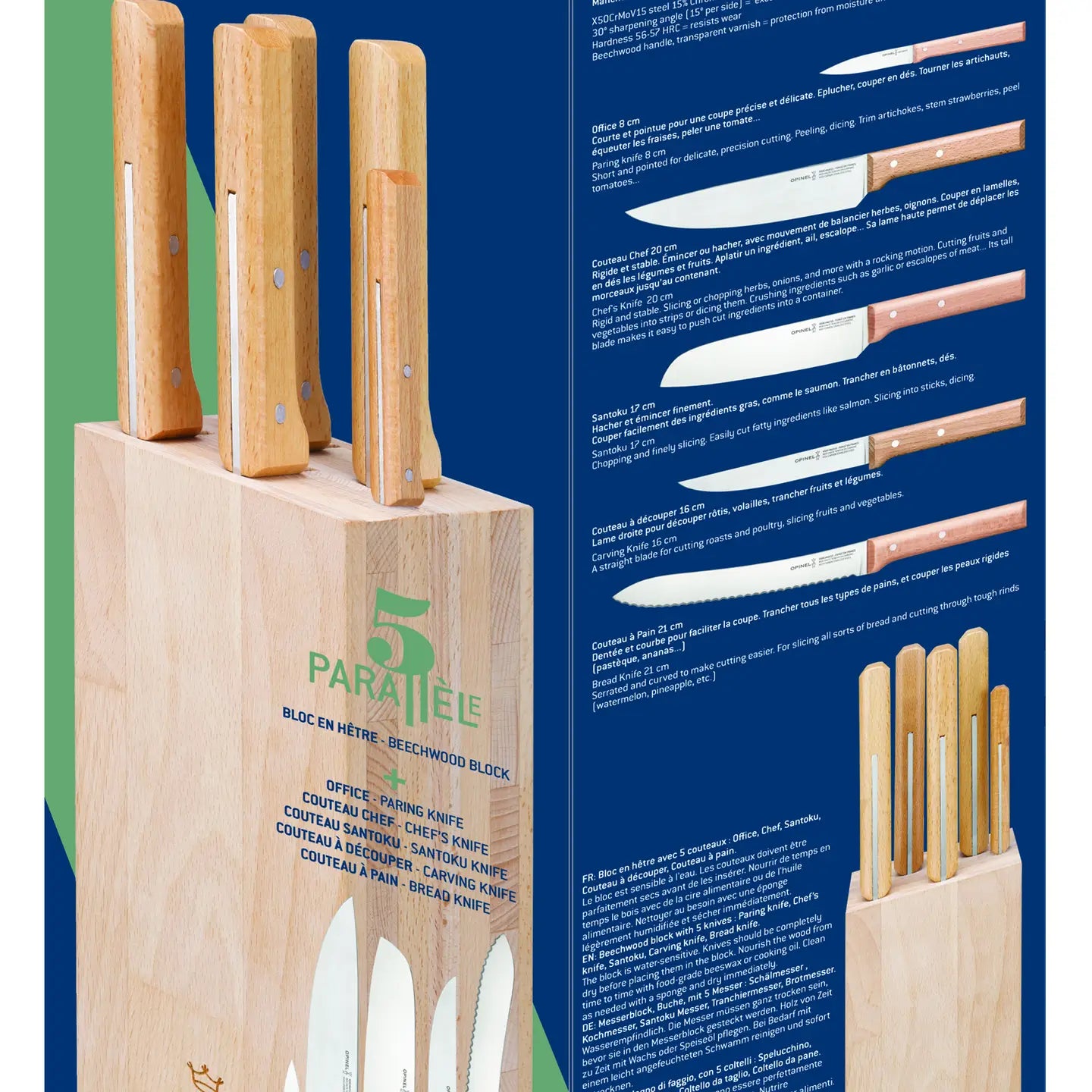 Opinel Parallel Knife Block With Bread Knife