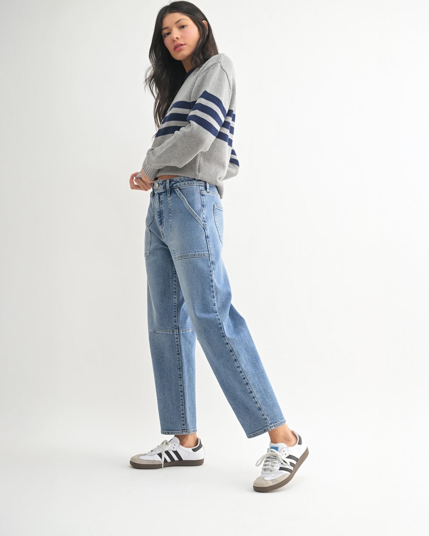 Utility Seamed Barrel Jeans - Medium Denim