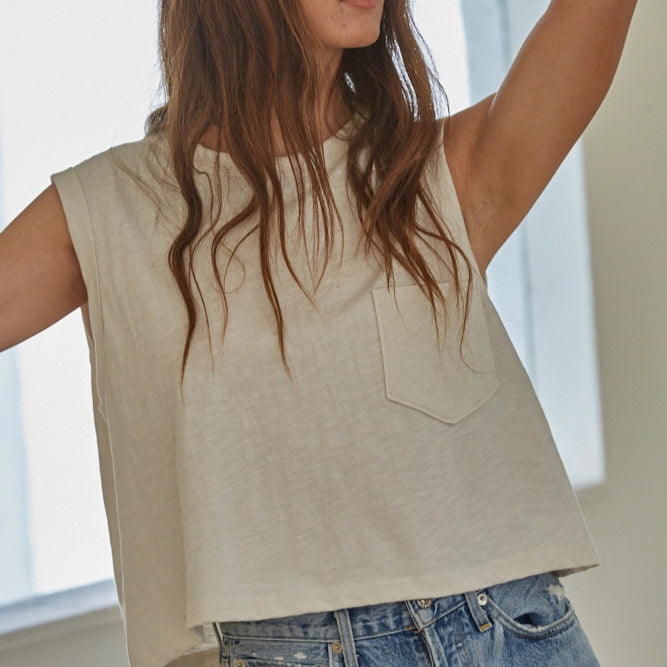 Cotton Jersey Round Neck Sleeveless Tank -Sand