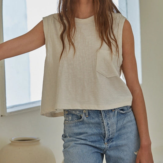 Cotton Jersey Round Neck Sleeveless Tank -Sand