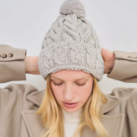 Clifden Cable Aran Beanie with Pom Poms - Oat