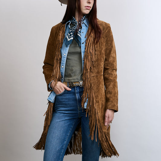 Suede Fringe Coat Long