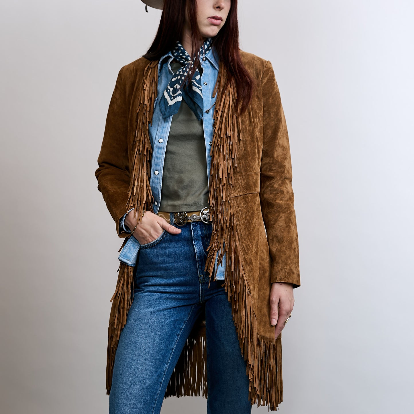 Suede Fringe Coat Long