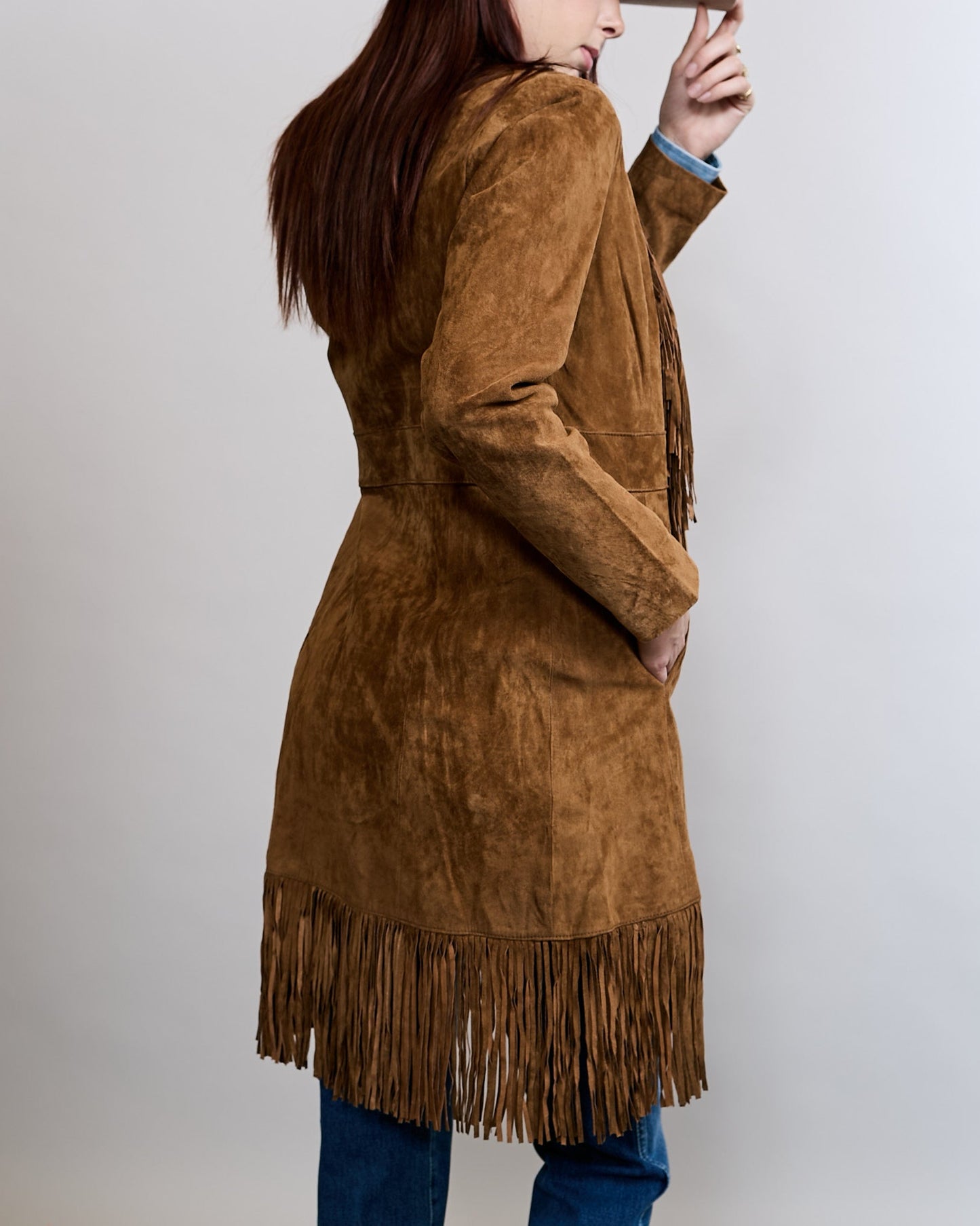 Suede Fringe Coat Long