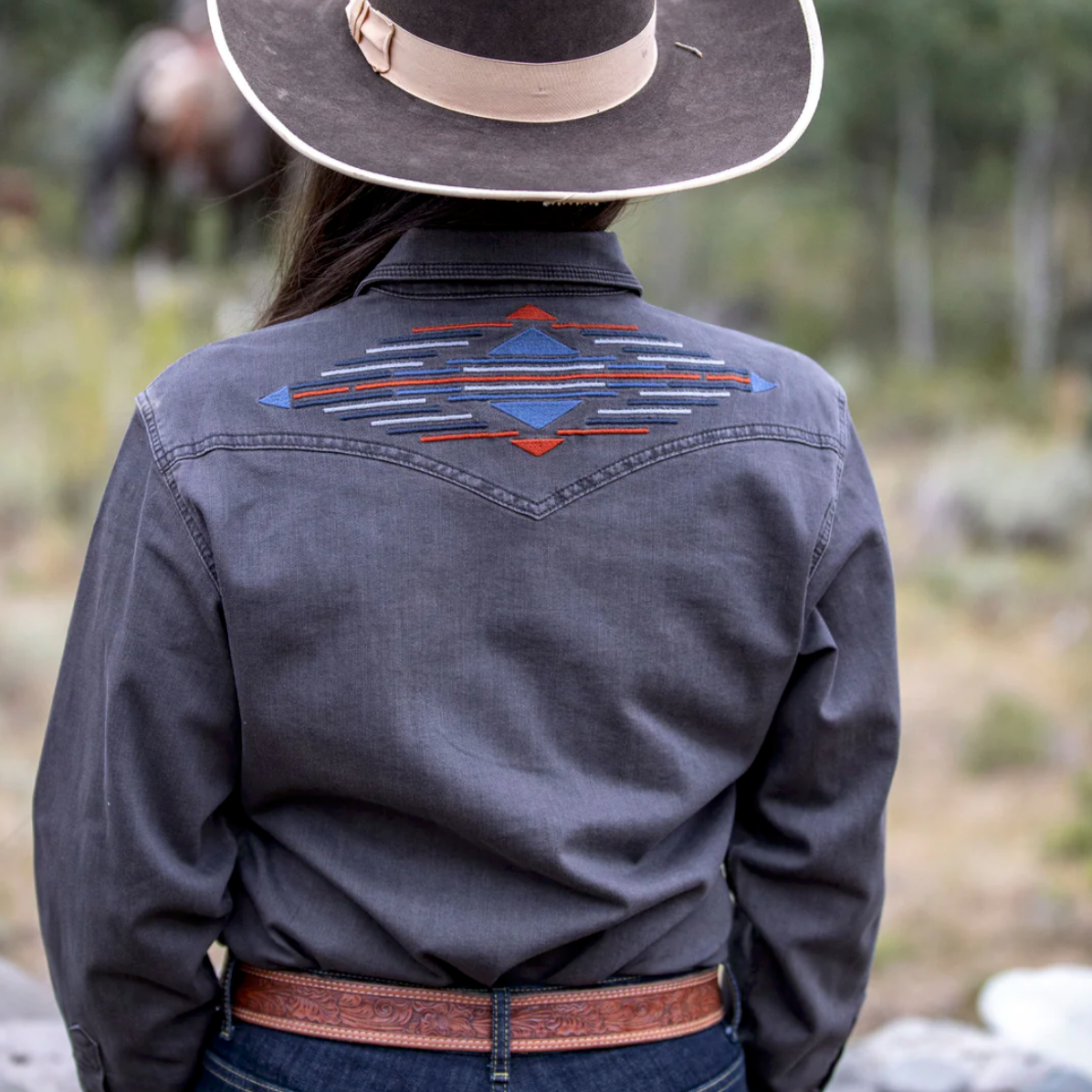 Women's Embroidered Denim Snap Shirt - Gray