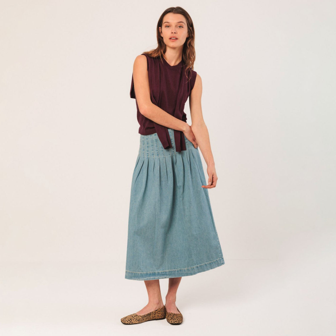 Pleated Denim Skirt - Super Stone