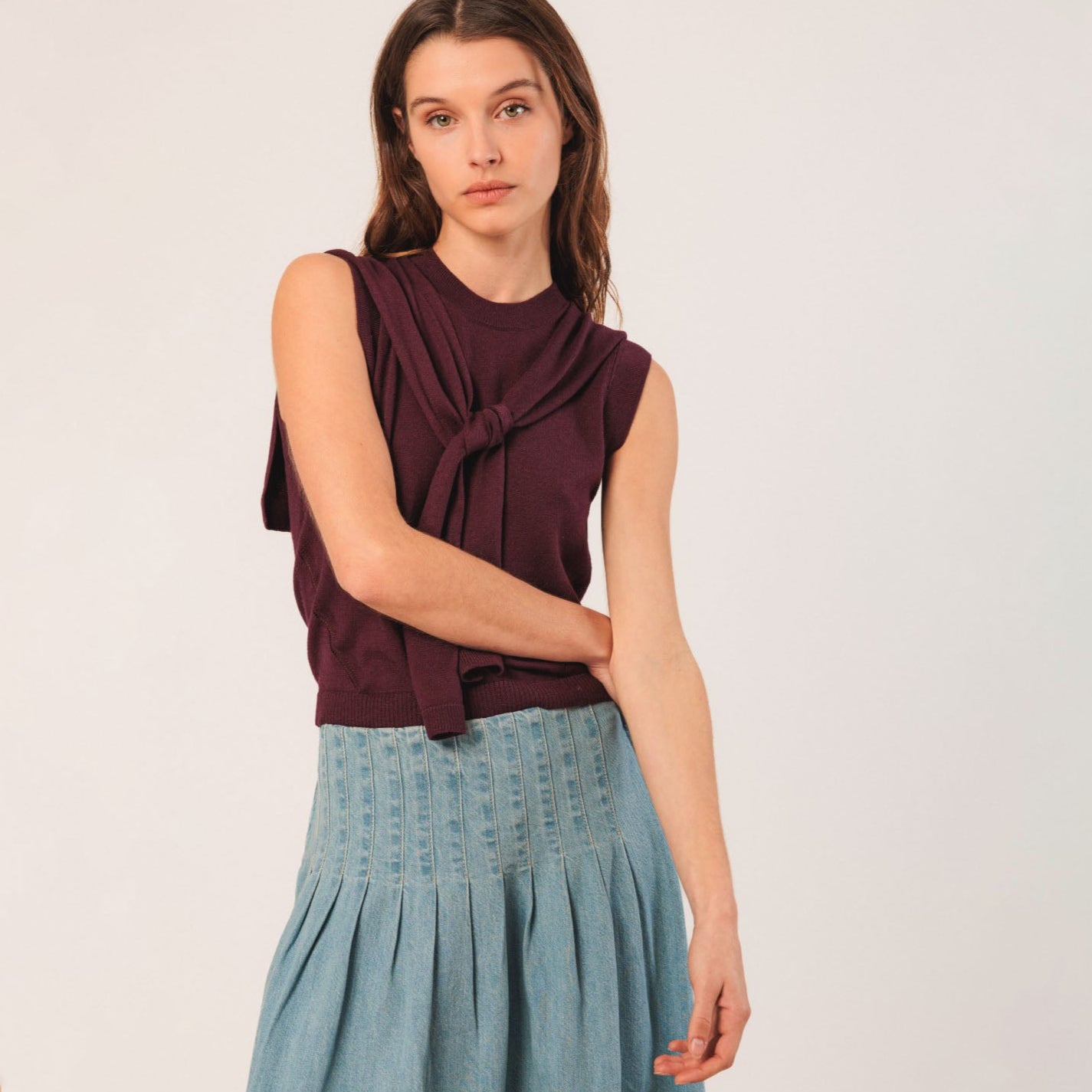 Pleated Denim Skirt - Super Stone