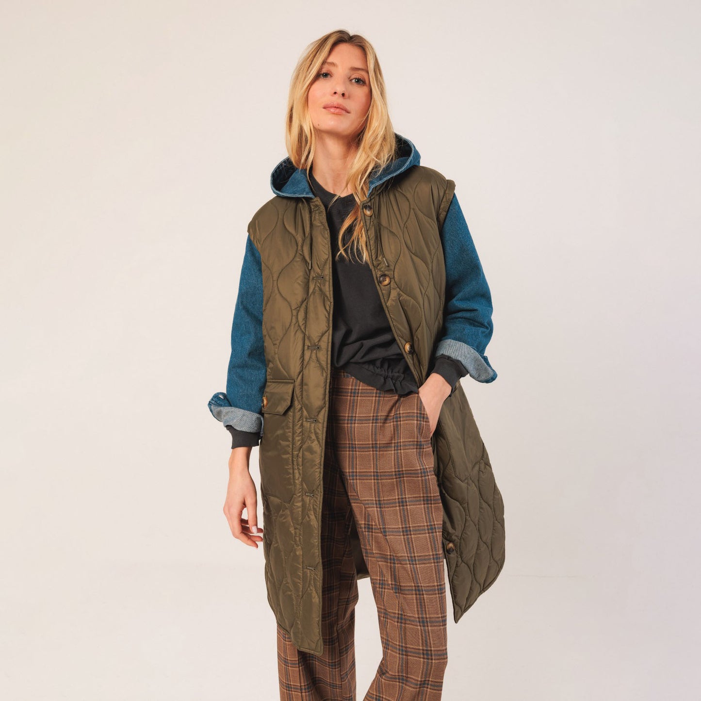 Combination Quilted Coat - Khaki