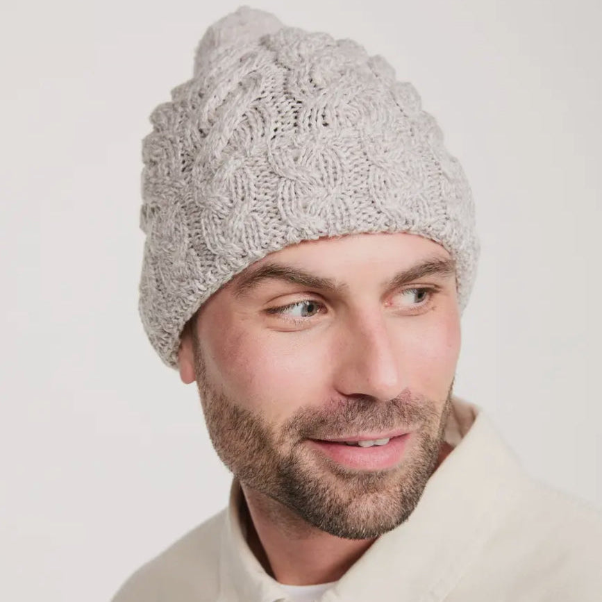 Clifden Cable Aran Beanie with Pom Poms - Oat