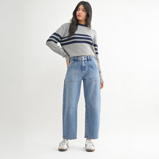 Utility Seamed Barrel Jeans - Medium Denim