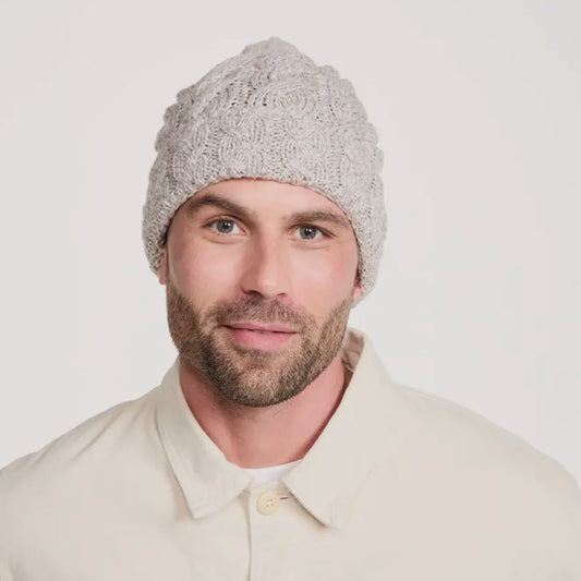 Clifden Cable Aran Beanie with Pom Poms - Oat