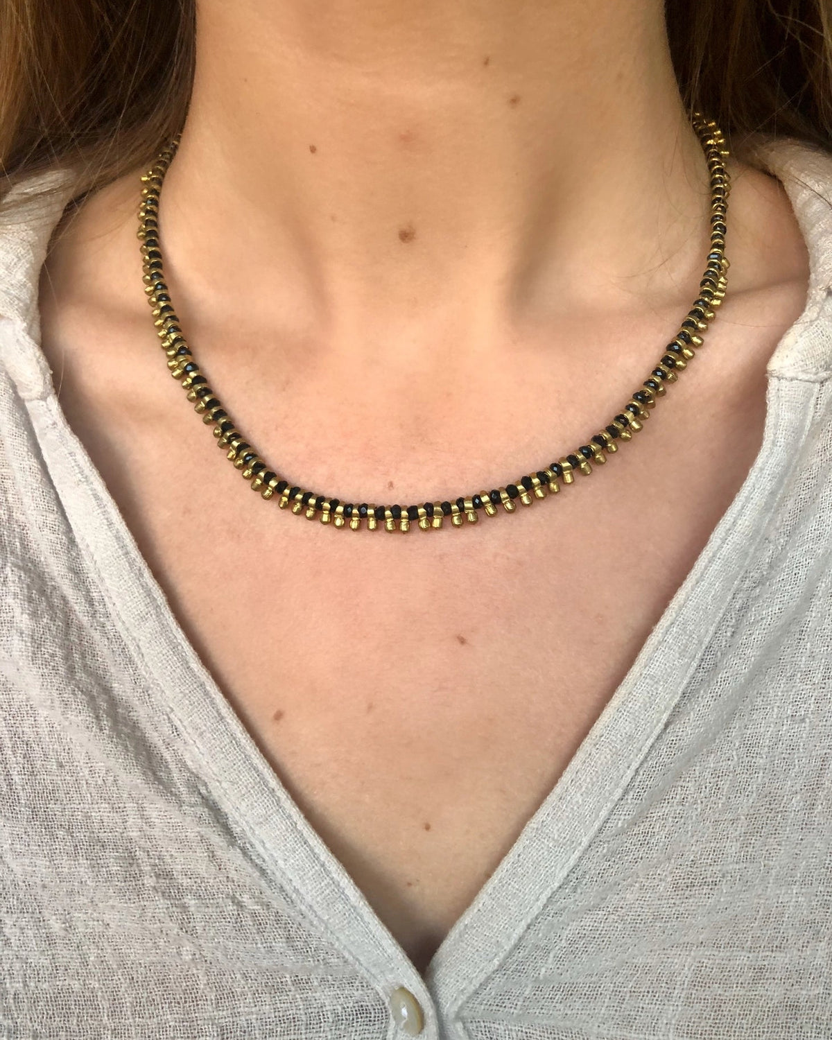 Brass Beaded Short Necklace - black
