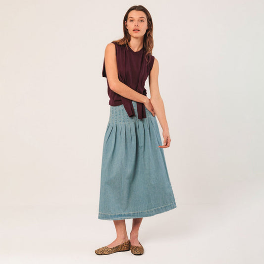 Pleated Denim Skirt - Super Stone