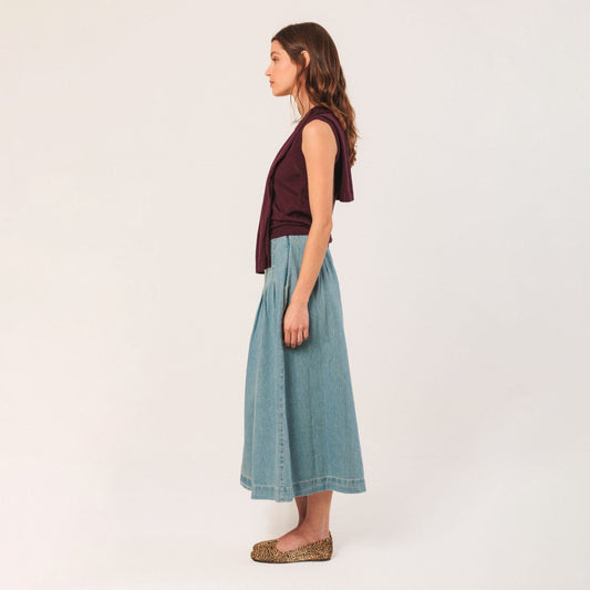 Pleated Denim Skirt - Super Stone