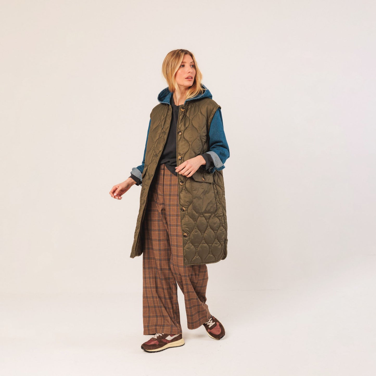 Combination Quilted Coat - Khaki